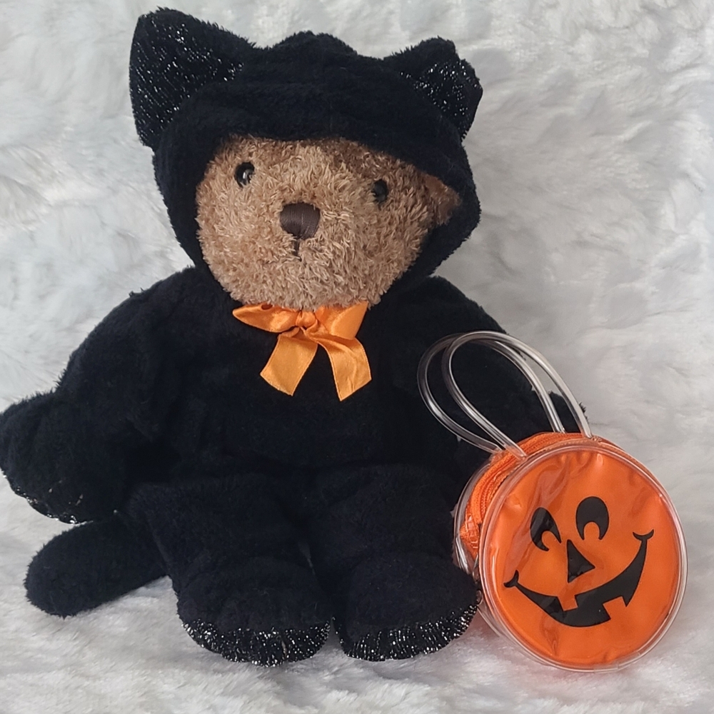 Vintage G.A.C. 1998 Brown 12" Teddy Bear Dressed as Halloween Cat W/ Pumpkin Bag